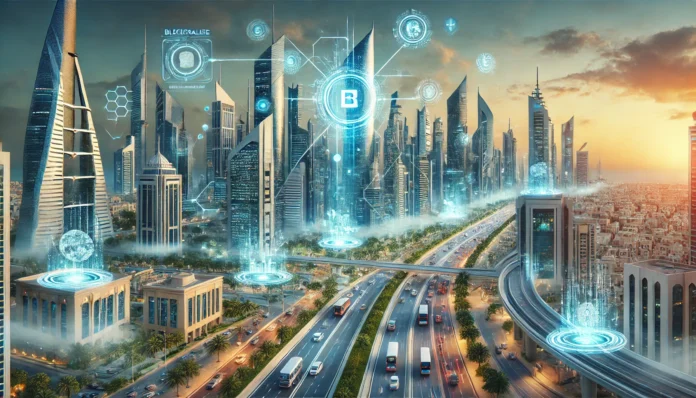 DALL·E 2024-11-21 09.45.21 - A futuristic cityscape representing Bahrain's blockchain-powered smart city, showcasing advanced skyscrapers under a clear sky with digital holographi
