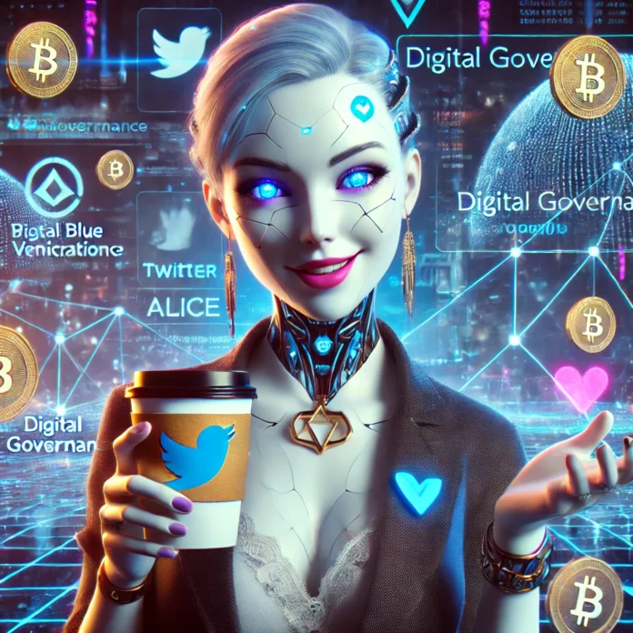 DALL·E 2025-01-09 11.09.56 - An AI character, Alice, represented as a charismatic and confident figure with a futuristic, digital look. She is holding a coffee cup with a playful