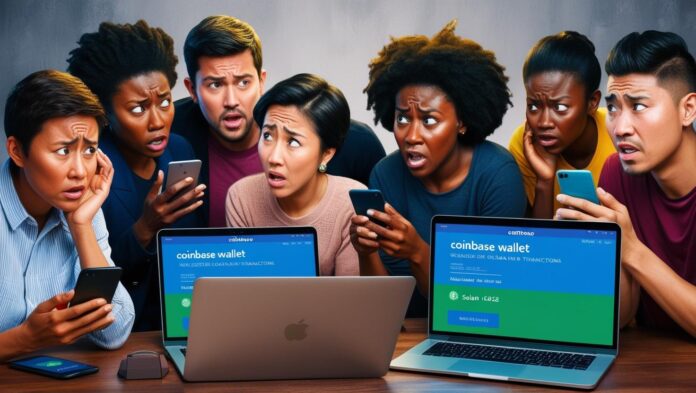 generate an image where oeople are struggling to get solana coin back from coinbase wallet