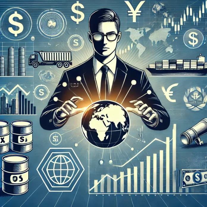 DALL·E 2025-02-03 09.43.40 - A stylized digital illustration of an economist and commodities trader analyzing trade data and tariff impacts. The economist, wearing glasses and a s