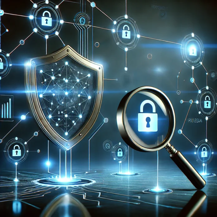 DALL·E 2025-02-12 11.41.07 - A futuristic digital network with a glowing security shield, symbolizing blockchain security and compliance. The background features interconnected no