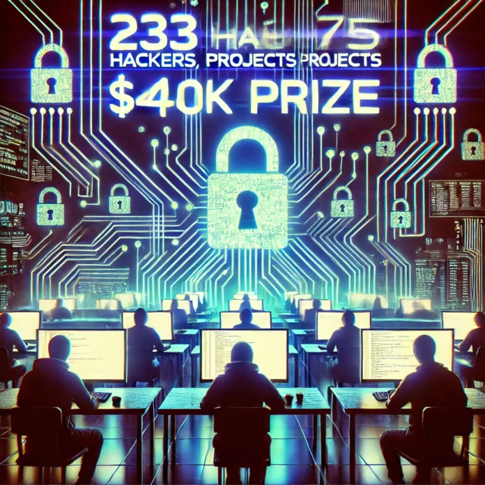 DALL·E 2025-02-12 16.40.34 - A futuristic hacker-themed digital artwork featuring a glowing circuit board with '233 Hackers, 75 Projects, $40K Prize' displayed in bold neon text.