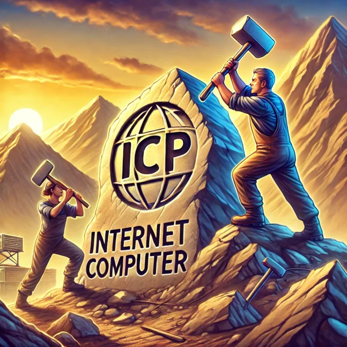 DALL·E 2025-02-15 12.56.53 - A man and a woman using large hammers to carve out the Internet Computer (ICP) logo on a massive mountain. The scene represents hard work, dedication,