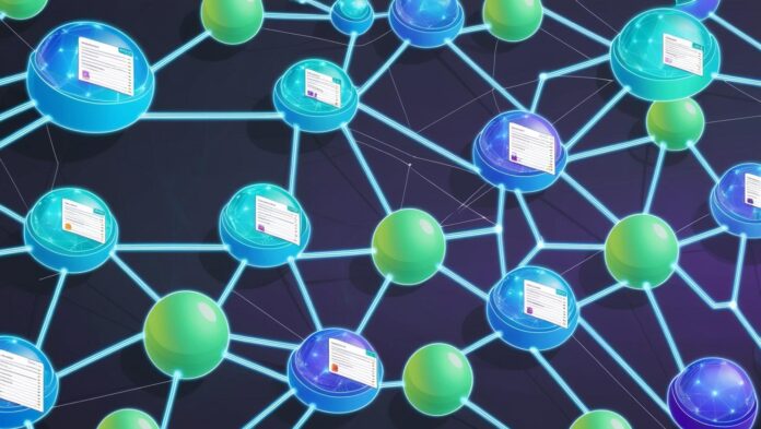 A visual of blockchain nodes connected in a decentralised fashion, with domains hovering above them like labels, representing their hosted applications.