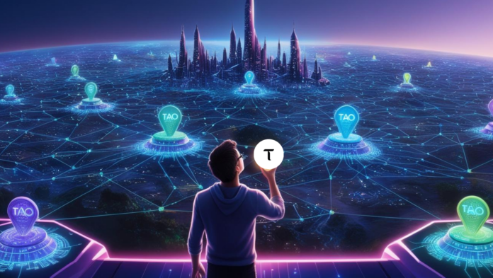 Imagine a person standing at the edge of a glowing, futuristic city, representing the Bittensor network. They’re looking up in awe at a vast, interconnected structure of blockchain nodes, symbolis